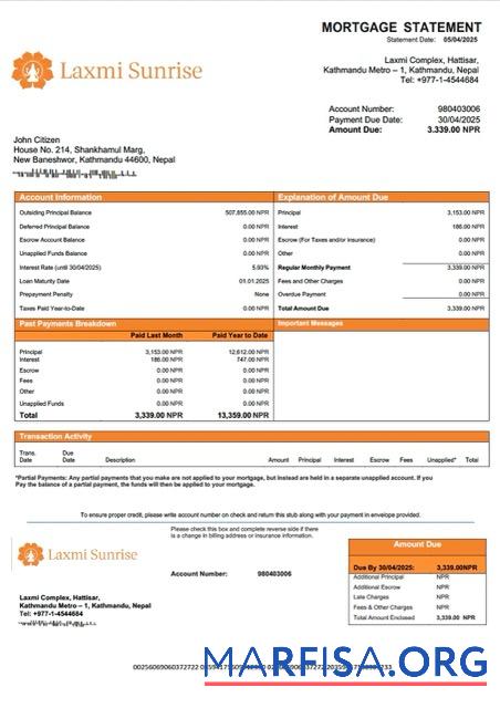 Realistic Nepal Laxmi Sunrise Bank mortgage statement Word and PDF template